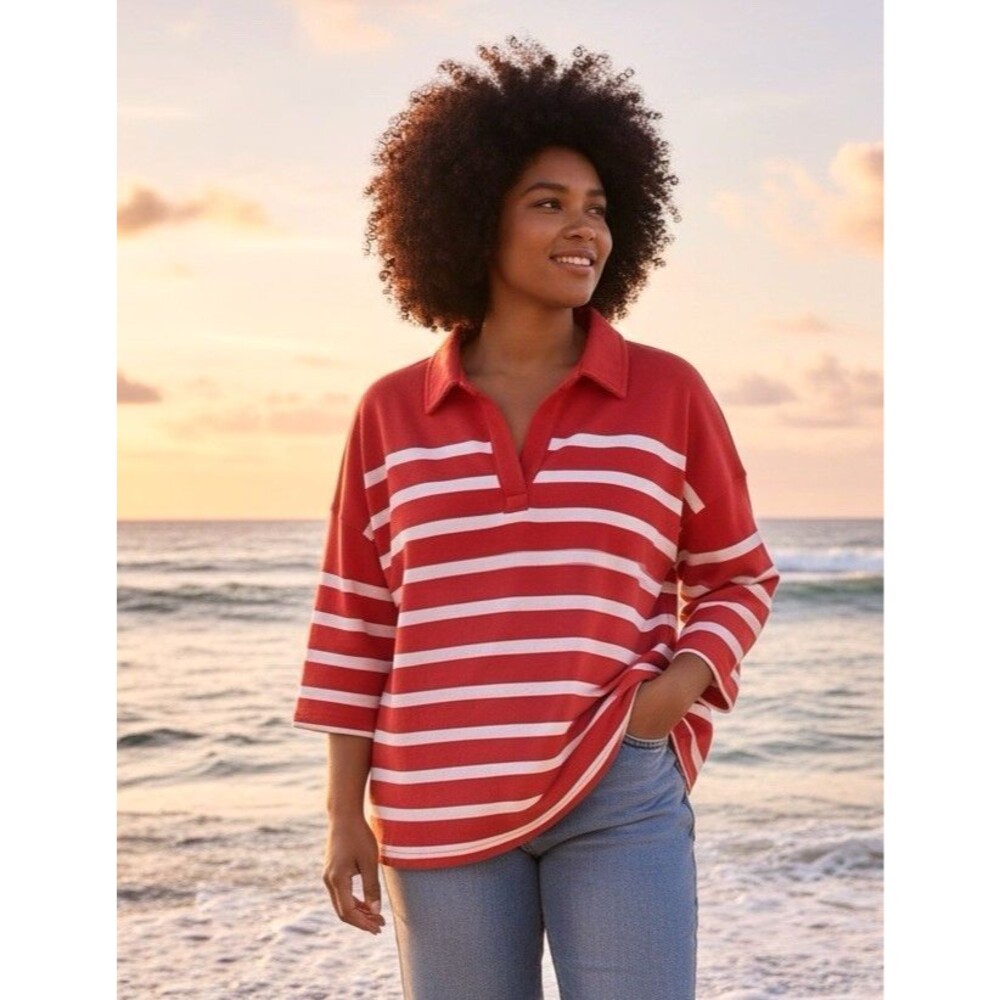 NEW Vineyard Vines collar striped 3/4 sleeve v-neck shirt Large vacation travel